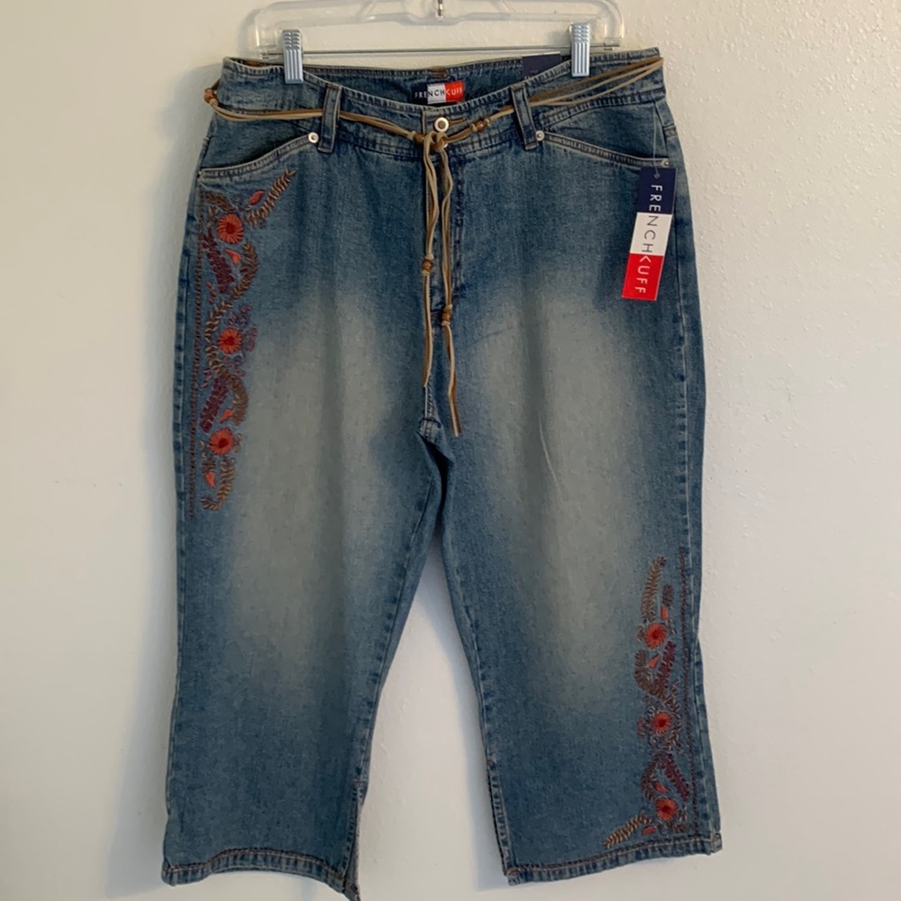 French Cuff Denim Embroidered Leather Beaded Belt Capris Size 16 NWT